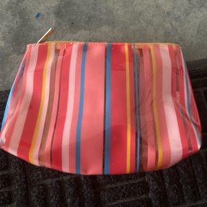 Clinique red blue pink yellow stripe clear cosmetic makeup bag organizer plastic